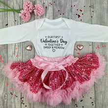 Load image into Gallery viewer, Baby Girls Personalised Our First Valentines Day Together White Long Sleeve Romper with Pink Sequin Tutu Skirt Set