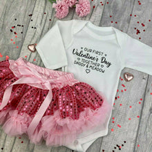 Load image into Gallery viewer, Baby Girls Personalised Our First Valentines Day Together White Long Sleeve Romper with Pink Sequin Tutu Skirt Set