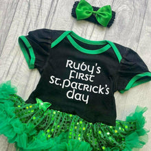 Load image into Gallery viewer, Personalised 'First St Patrick's Day' Sequin Tutu Romper With Matching Bow Headband