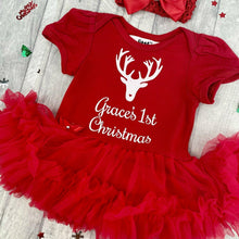 Load image into Gallery viewer, Personalised '1st Christmas' Reindeer Baby Girl Tutu Romper With Matching Bow Headband, White Glitter Design