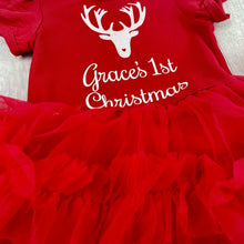 Load image into Gallery viewer, Personalised '1st Christmas' Reindeer Baby Girl Tutu Romper With Matching Bow Headband, White Glitter Design