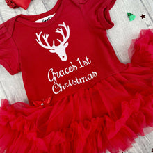 Load image into Gallery viewer, Personalised '1st Christmas' Reindeer Baby Girl Tutu Romper With Matching Bow Headband, White Glitter Design