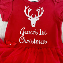 Load image into Gallery viewer, Personalised '1st Christmas' Reindeer Baby Girl Tutu Romper With Matching Bow Headband, White Glitter Design