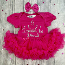Load image into Gallery viewer, Personalised '1st Diwali' Baby Girl Tutu Romper With Matching Bow Headband, Silver Glitter Design