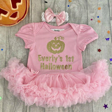 Load image into Gallery viewer, Personalised 1st Halloween Pumpkin Baby Girl Tutu Romper With Headband