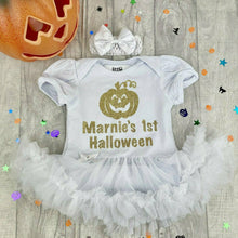 Load image into Gallery viewer, Personalised 1st Halloween Pumpkin Baby Girl Tutu Romper With Headband