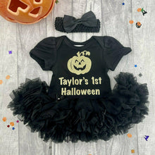Load image into Gallery viewer, Personalised 1st Halloween Pumpkin Baby Girl Tutu Romper With Headband