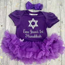 Load image into Gallery viewer, Personalised '1st Hanukkah' Baby Girl Tutu Romper With Matching Bow Headband