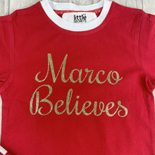 Load image into Gallery viewer, Personalised Girls & Boys 'Believes' Christmas Pyjamas, Red And White Or Red And Green Stripe