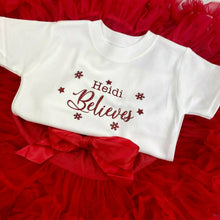 Load image into Gallery viewer, Girls Personalised Christmas Red Outfit, Believes T-Shirt & Boutique Tutu Skirt