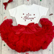 Load image into Gallery viewer, Girls Personalised Christmas Red Outfit, Believes T-Shirt & Boutique Tutu Skirt
