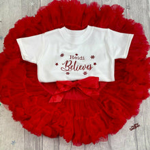Load image into Gallery viewer, Girls Personalised Christmas Red Outfit, Believes T-Shirt & Boutique Tutu Skirt