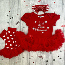 Load image into Gallery viewer, Baby Girls First Christmas Personalised Red Tutu Romper with Matching Legwarmers and Sequin Bow Headband