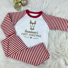 Load image into Gallery viewer, First Christmas Reindeer Red & White Stripe Children's Personalised Christmas Pyjamas, Boys & Girls