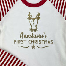 Load image into Gallery viewer, First Christmas Reindeer Red & White Stripe Children's Personalised Christmas Pyjamas, Boys & Girls