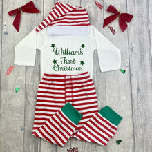 Load image into Gallery viewer, Babies Personalised First Christmas Long Sleeve White Romper Set With Pants and Hat
