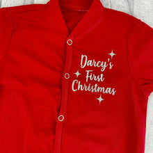Load image into Gallery viewer, First Christmas Baby Boys & Girls Sleepsuit, Personalised Silver Star Christmas Pyjamas