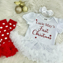 Load image into Gallery viewer, Personalised 'First Christmas' Baby Girl Tutu Romper With Matching Bow Headband And Matching Red Leg Warmers