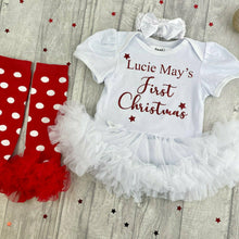 Load image into Gallery viewer, Personalised 'First Christmas' Baby Girl Tutu Romper With Matching Bow Headband And Matching Red Leg Warmers