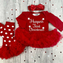 Load image into Gallery viewer, Baby Girl's First Christmas Personalised Red Tutu Romper with Matching Spotty Legwarmers & Bow Headband