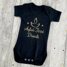 Load image into Gallery viewer, Personalised 'First Diwali' Baby Short Sleeve Romper, 1st Hindu Diwali, Celebration Romper With Traditional Diya
