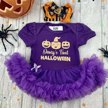Load image into Gallery viewer, Baby Girl's Personalised Pumpkin First Halloween Tutu Romper & Pumpkin Bow Headband - Little Secrets Clothing