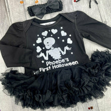 Load image into Gallery viewer, Personalised Funny Bones First Halloween Tutu Romper, Baby Girls Skeleton Outfit