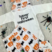 Load image into Gallery viewer, Personalised First Halloween Romper Set Complete With Halloween Print Pants and Hat