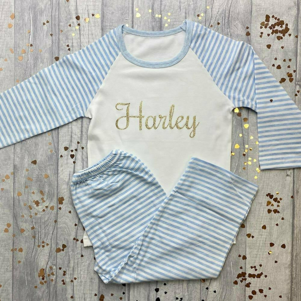 Personalised Blue And White Stripe Pyjamas