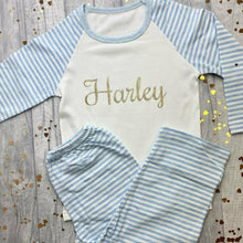 Load image into Gallery viewer, Personalised Name Blue And White Boys Pyjamas