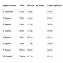Load image into Gallery viewer, Pyjama Bottom Size Guide - Little Secrets Clothing