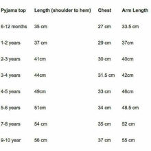 Load image into Gallery viewer, Pyjama Top Size Guide