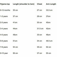 Load image into Gallery viewer, Pyjama Top Size Guide