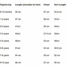 Load image into Gallery viewer, Pyjama Top Size Guide