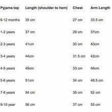 Load image into Gallery viewer, Pyjama Top Size Guide
