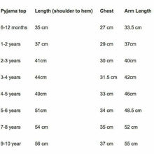 Load image into Gallery viewer, Pyjama Top Size Guide