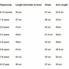 Load image into Gallery viewer, Pyjama Top Size Guide