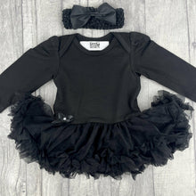 Load image into Gallery viewer, Plain Black Long Sleeve, Baby Girl Tutu Romper With Matching Bow Headband