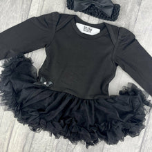 Load image into Gallery viewer, Plain Black Long Sleeve, Baby Girl Tutu Romper With Matching Bow Headband