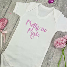Load image into Gallery viewer, 'Pretty in Pink' Short Sleeve Romper, With Pink Glitter Text and Heart Design