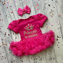 Load image into Gallery viewer, 'Princess In Training' Baby Girl Tutu Romper With Matching Bow Headband
