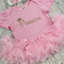 Load image into Gallery viewer, 'Princess' Crown Baby Girl Tutu Romper With Matching Bow Headband
