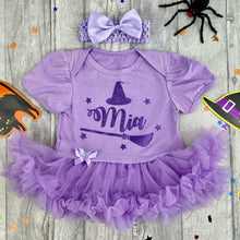 Load image into Gallery viewer, Witch Hat And Broom Baby Girl Personalised Halloween Tutu Romper With Bow Headband, Purple Glitter Design
