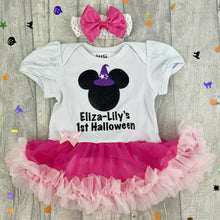 Load image into Gallery viewer, Personalised 1st Halloween Baby Girl Minnie Mouse Witch Tutu Romper