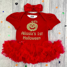 Load image into Gallery viewer, Personalised 1st Halloween Pumpkin Baby Girl Tutu Romper With Headband