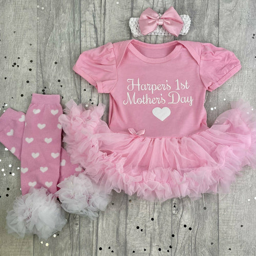 Baby Girl Personalised 1st Mother's Day Pink Tutu Romper with Matching Socks, Tights or Legwarmers