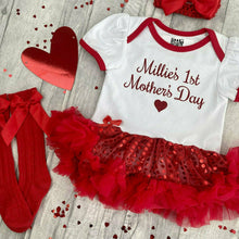 Load image into Gallery viewer, Personalised 1st Mother's Day Baby Girl Outfit, White & Red Sequin Tutu Romper With Matching Socks or Tights