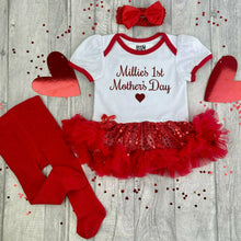 Load image into Gallery viewer, Personalised 1st Mother's Day Baby Girl Outfit, White & Red Sequin Tutu Romper With Matching Socks or Tights