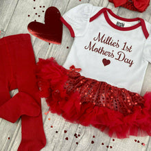 Load image into Gallery viewer, Personalised 1st Mother's Day Baby Girl Outfit, White & Red Sequin Tutu Romper With Matching Socks or Tights