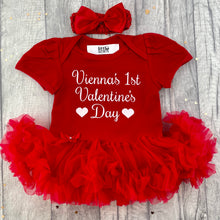 Load image into Gallery viewer, Personalised 1st Valentine's Day Baby Girl Tutu Romper With Headband, White Glitter Design - Little Secrets Clothing
